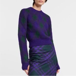 Burberry Wool Argyle Sweater Purple Green Check Chunky Knit Crewneck Size Large